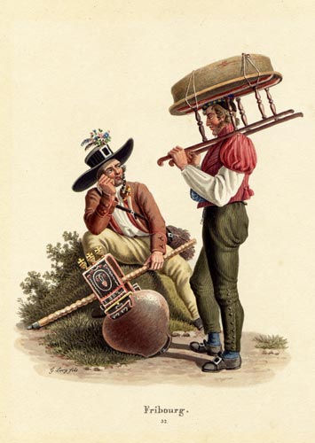 LORY fils / Moritz F.-W.: - Fribourg. - Deux hommes, dont l'un est assis sur une pierre,  ct d'une grande cloche portant la date de 1822, et dont l'autre, debout, porte un gros fromage attach  une sorte de tabouret.