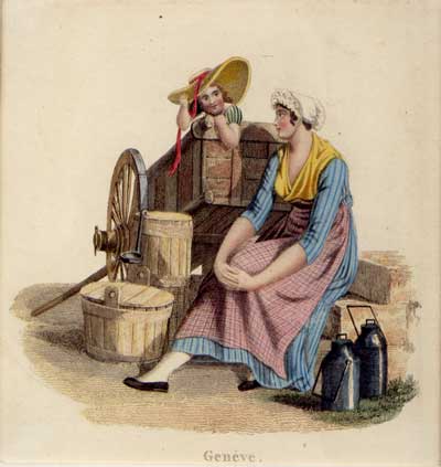 LORY fils G.: - Costume de Genve. - Une laitire assise prs de sa charette dans laquelle se trouve un enfant.