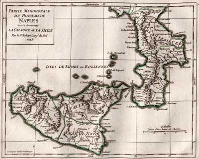 ROBERT DE VAUGONDY, Gilles (1688-1766): - Partie Mridionale du Royaume de Naples, o se trouvent la Calabre et la Sicile.