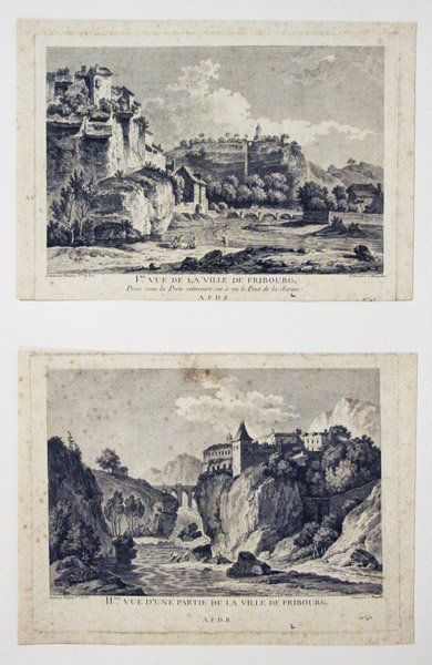 PERIGNON (dessin par) & BORGNET & CHENU & MASQUELIER (grav par): - 8 vues ens. de Fribourg sur 4 feuilles.