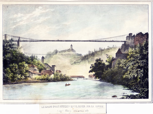  - Le Grand Pont Suspendu en fil de fer sur la Sarine. (Avec le Pont de Berne & le Pont de Gotteron).