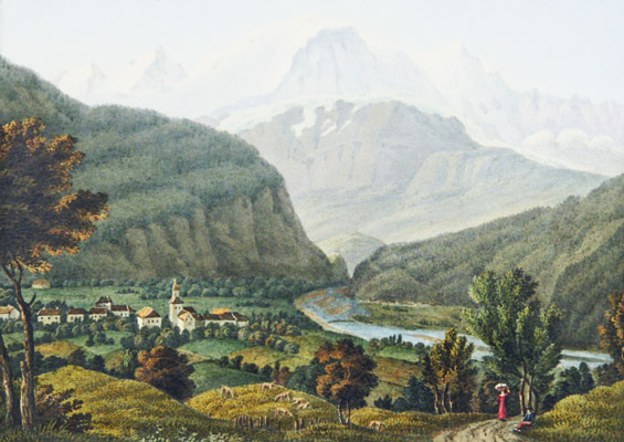 GRUNDMANN. - LAMY, J.P. (diteur): - Vue de l'Entre dans la Valle de Chamouni et du Dome du Gout. (Mont-Blanc).