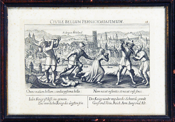 Meisner, Daniel (1585-1625):: - Friberg in chtland. Civile bellum perniciosissimum. (Ansicht v. Freiburg in Uechtland mit Kriegsgeltaten).