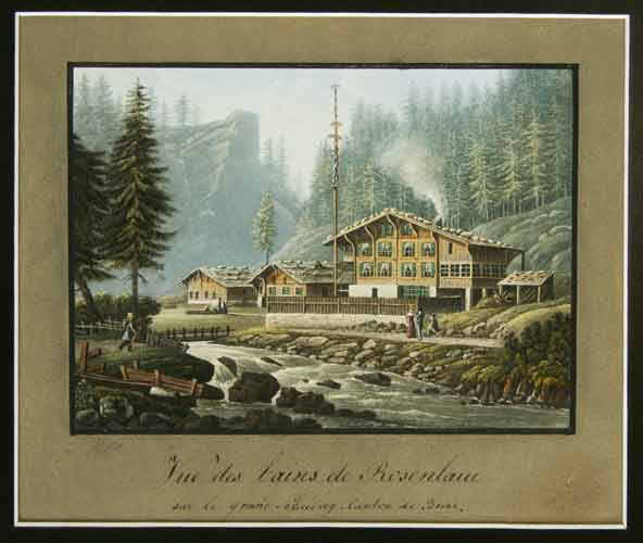 GRUNDMANN. - LAMY, J.P. (diteur): - Vue des bains de Rosenlaui sur le grand Scheidegg Canton de Berne.