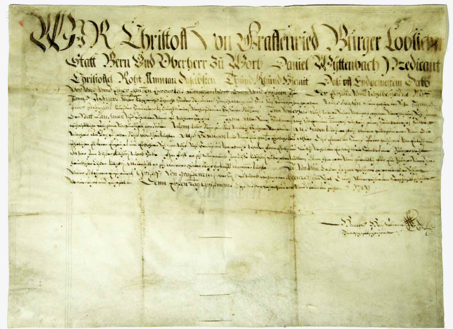  - Worb. - Pergamenturkunde: Handgeschriebener Heimatschein aus Worb fr den Kffer Hans Peter Zwygart, ausgestellt am 1. Dezember 1709.
