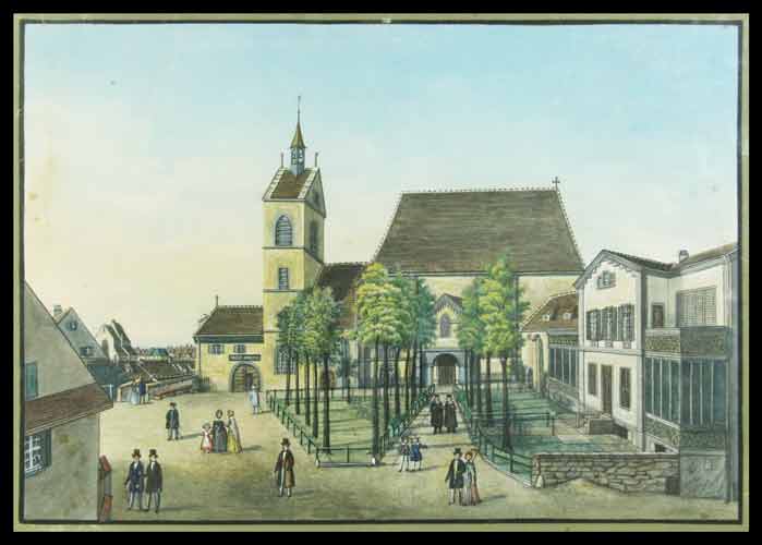 (DUBOIS, Louis, gez. u: Gemalt v.: ) (1821-1869): - Die Leonhards-Kirche und der ehemalige Lohnhof in Basel .