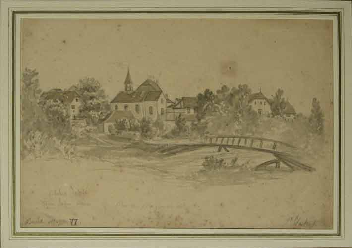 DUBOIS, Louis: (zugeschrieben): - Basel St. Jakob. Original Bleistift-Zeichnung leicht in Sepia aquarelliert.