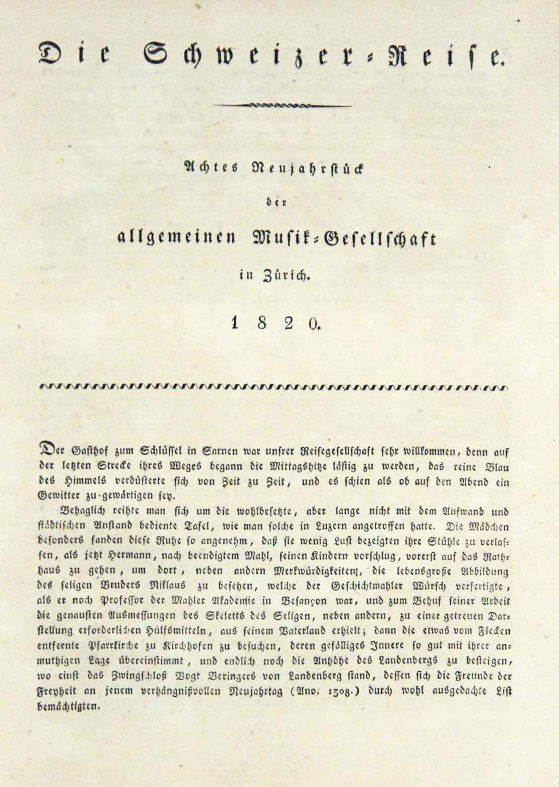  - Umgebung Stanz. Die Schweizer-Reise. Achtes Neujahrstck der allgemeinen Musik-Gesellschaft in Zrich 1820.