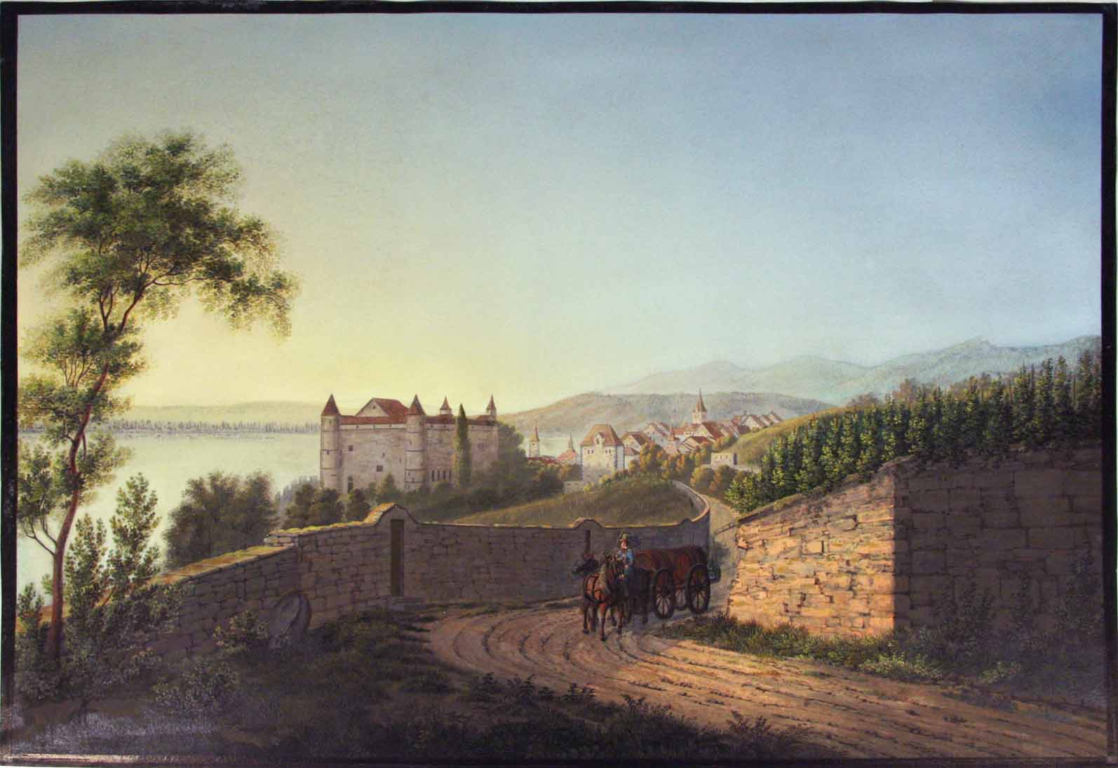 BLEULER, Johann Heinrich (1758-1823) (attribu ) - Vue du village et le Chteau de Grandson. - Schloss Grandson.
