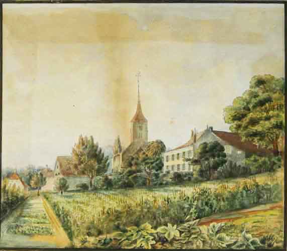  - La Cure et l'Eglise de Concise (Ct. de Vaud). Peinte par le pasteur Mellet vers 1800.
