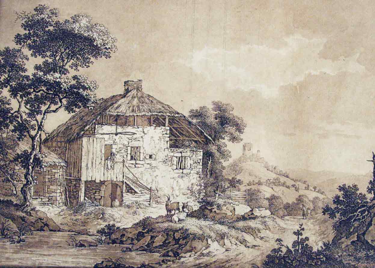 LINCK, Jean Antoine (1766 Genf 1843): - Ohne Titel. ( Mournex. maison paysanne et reste d'un chteau en arrire plan.  Bauernhaus und Burgruine).