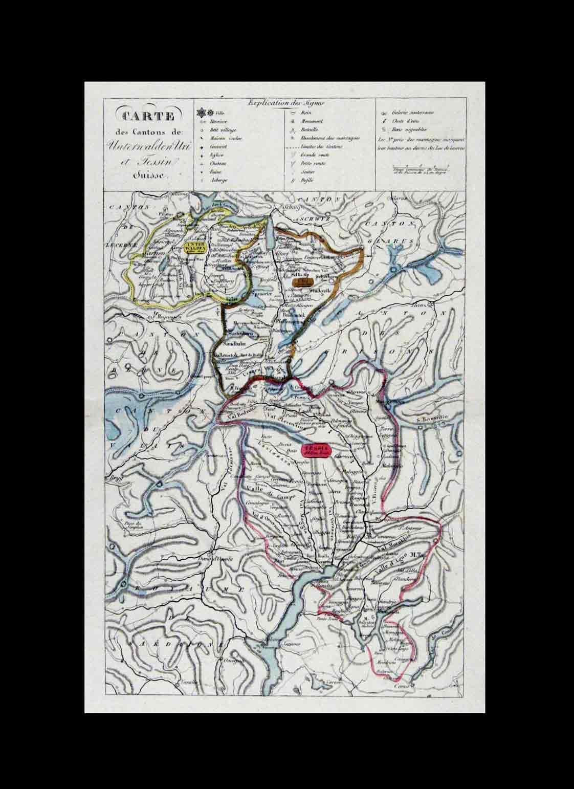  - Carte des Cantons de Unterwalden Uri et Tessin Suisse.