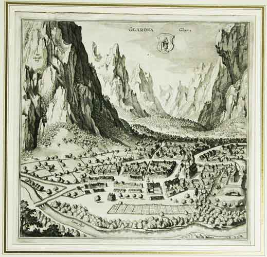 MERIAN, Matt.: - Glarona. Glaris. Gesamtansicht aus der Vogelschau,
