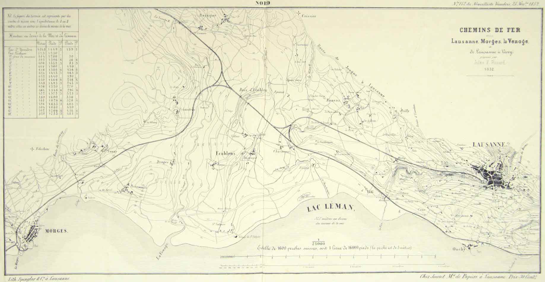 PICCARD, Jules F.: - Carte des Chemins de Fer Lausanne, Morges, la Venoge et de Lausanne  Vevey'.