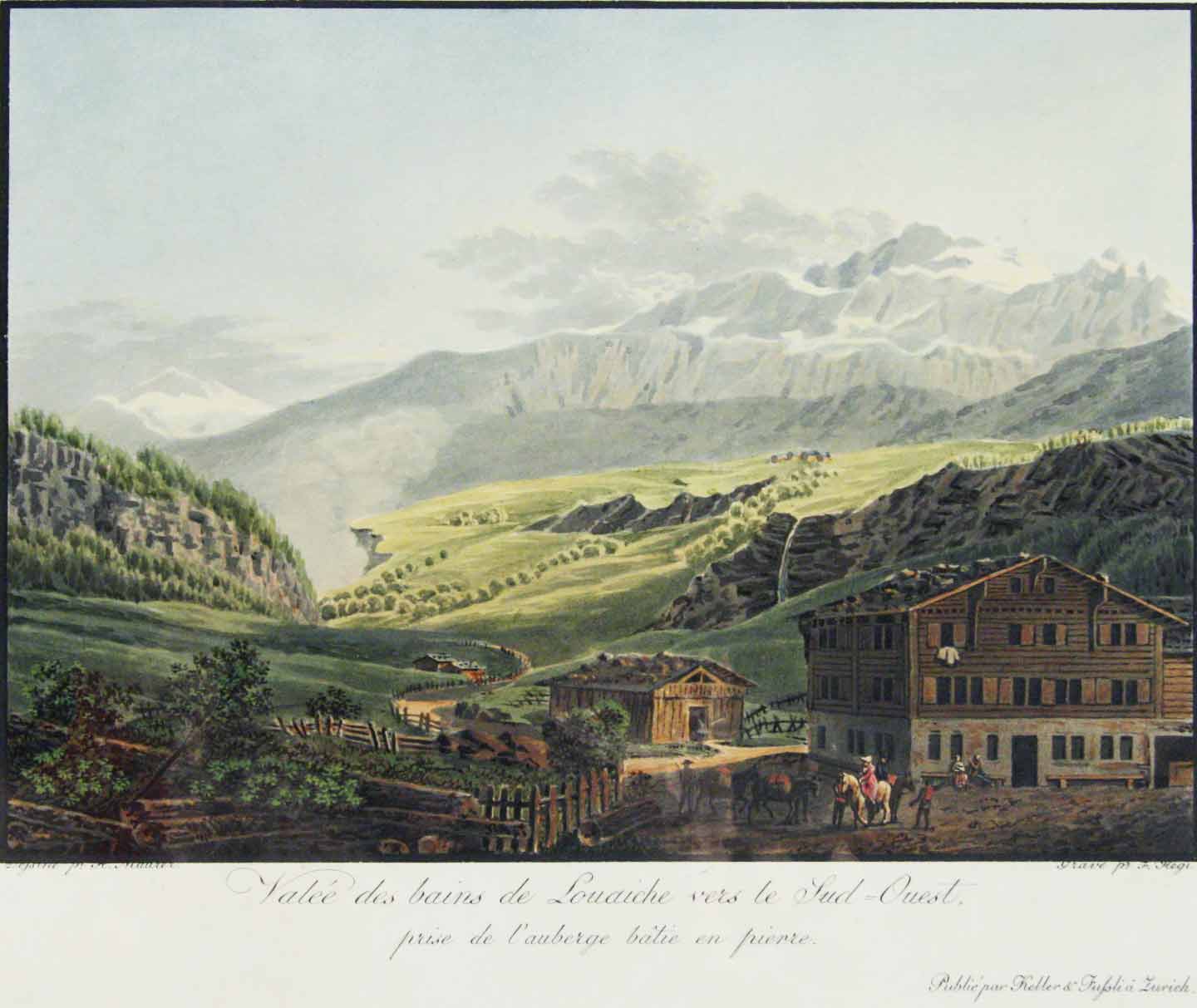 HEGI, F. (grav par) d'aprs MAURER, M. dess. : - Vale des bains de Louaiche vers le Sud-Ouest, prise de l'auberge btie en pierre.