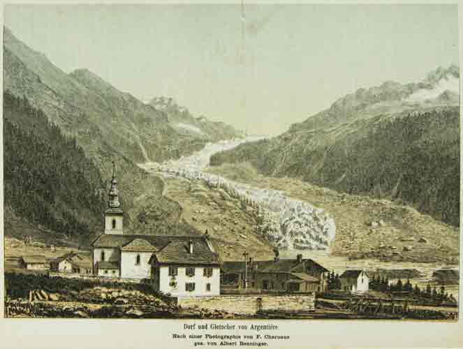 BENNINGER, Alb.: - Dorf und Gletscher von Argentire.  Nach einer Photographie von F. Charnaux hez. von Albert Benninger.