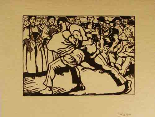 BILER, Ernest (1863-1948): - Les lutteurs. Gravure sur bois.