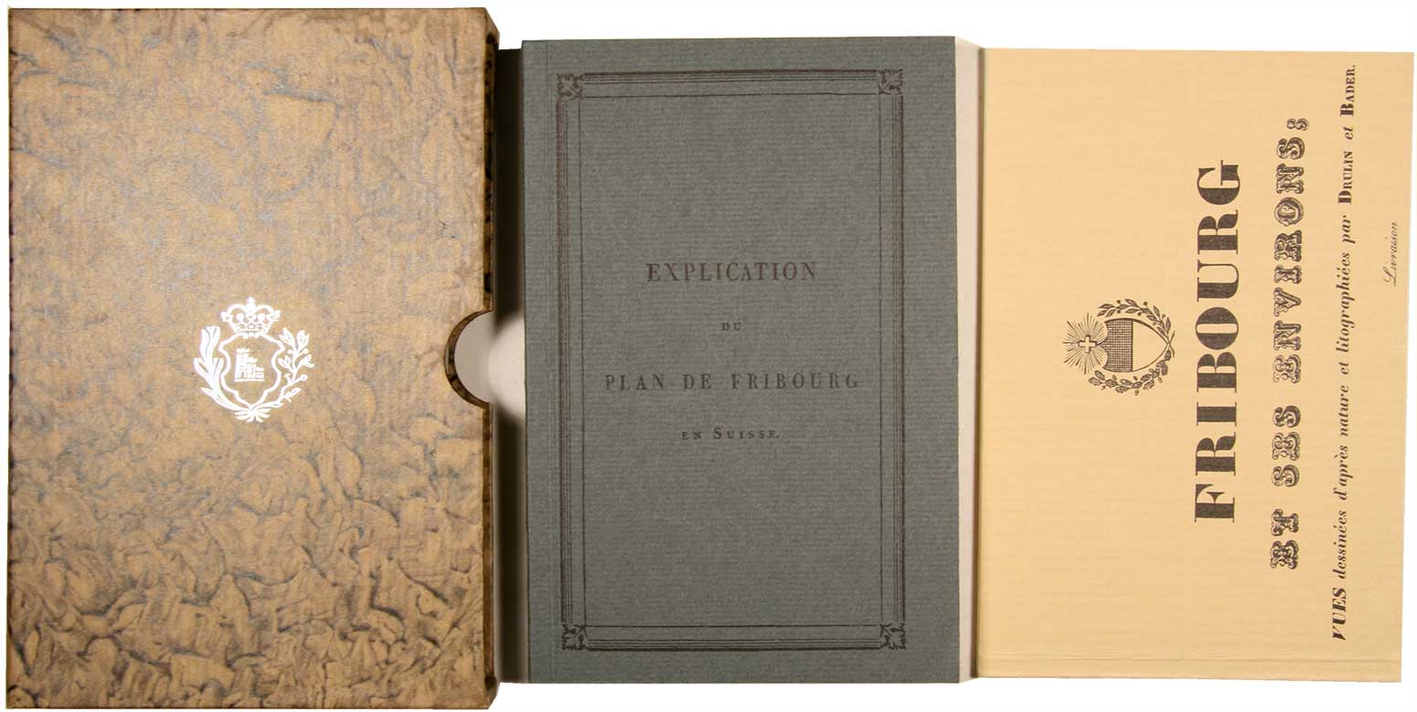 GIRARD, Grgoire (1765-1850): - Explication du plan de Fribourg en Suisse, ddie  la jeunesse de cette ville, pour lui servir de premire leon de gographie. + Fribourg et ses envirions. Facsimil de l'dition originale de 1827. 'Les introuvables fribourgeois', vol. 5 et 6.