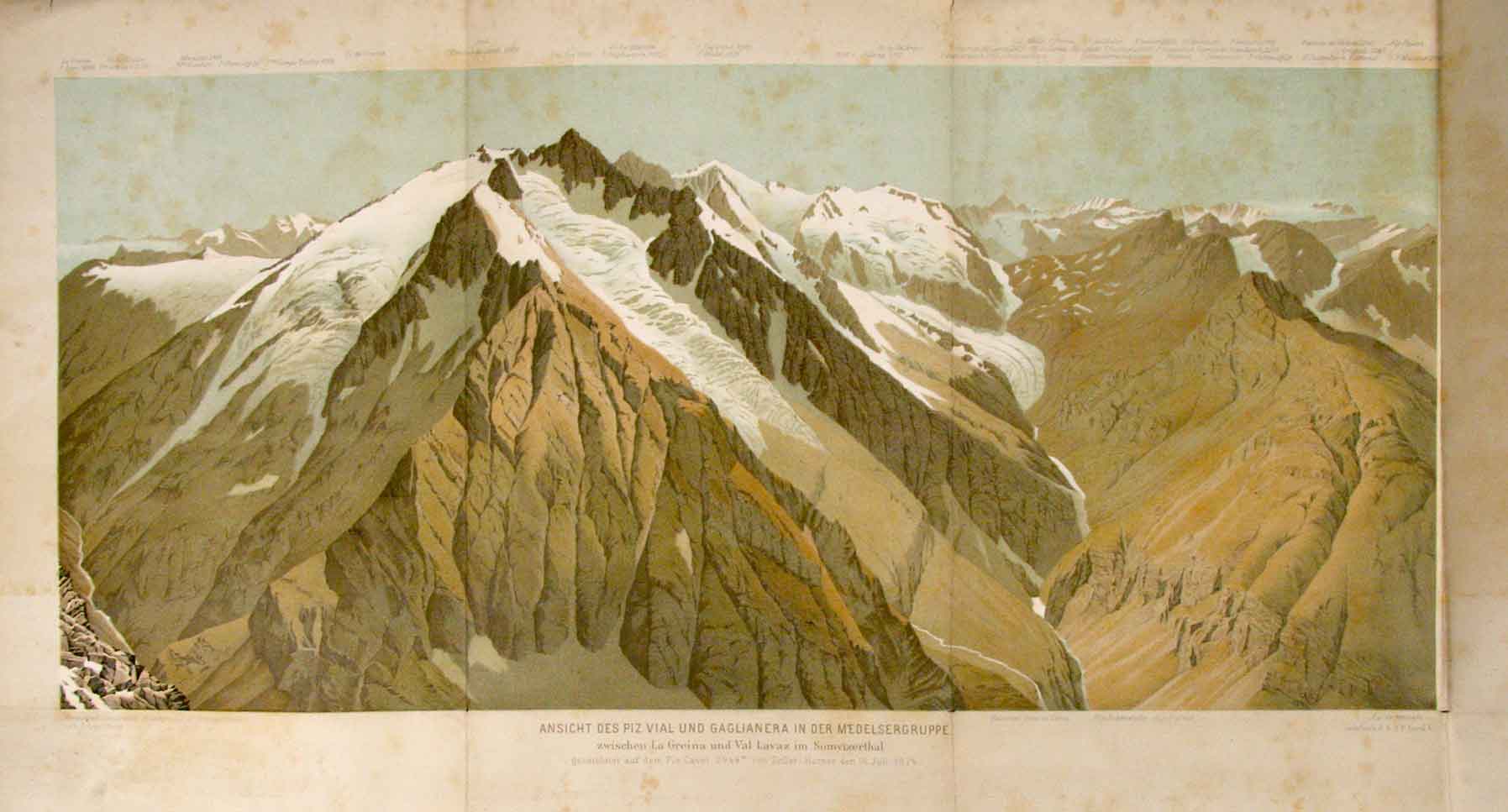 ZELLER-HORNER (gez. von): - Ansicht des Piz Vial und Gaglianera in der Medelsergrauppe zwischen La Greina und Val Lavaz im Somvixerthal. gez. auf dem Piz Cavel 2944m. den 16 Juli 1874.Aus: Beilage Jahrbuch S.A.C. Band X.