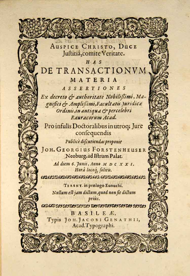 Forstenheuser, Johann Georg: - De transactionum materia assertiones   