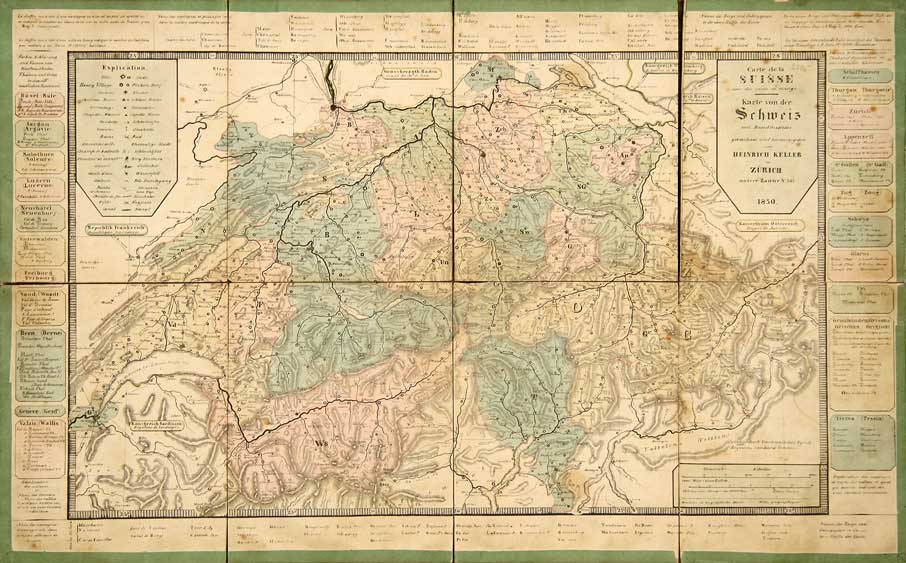 KELLER, Henri.: - Carte de la Suisse avec des noms en marge / Karte von der Schweiz. Mit Randnamen, gezeichnet und herausgegeben von Heinrich Keller