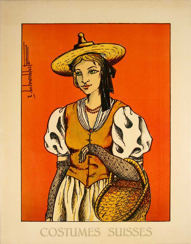 BOHNENBLUST, Roger (1929-1979): - Costumes suisses collection de 24 planches lithogr. en couleurs / Schweizertrachten. Sammlung von 24 lithogr. Farbtafeln. Un des 40 ex. num. XXIII/XL, avec un grand dessin original sign,