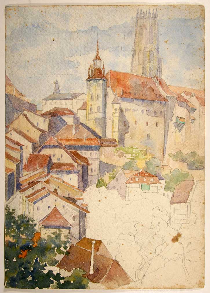 (Bourgknecht, Arnold de): - Fribourg, Cathedrale avec une partie de la vieille ville. Aquarelle sur dessin.
