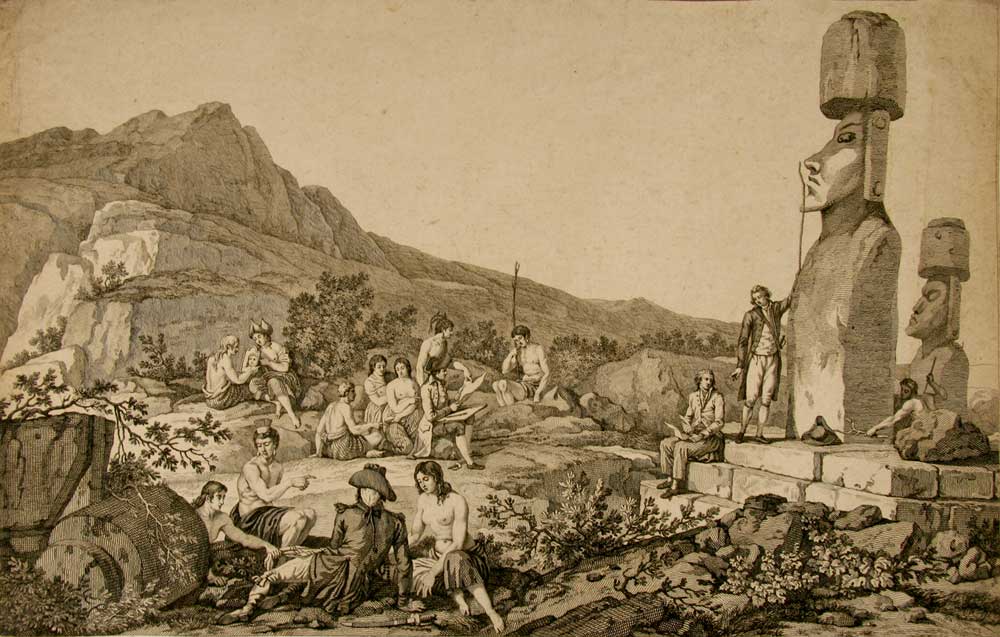 LE PEROUSE. - - Une planche grave de L'expdition de la Perouse, la mesure des statutes de l'Ile de Paques.