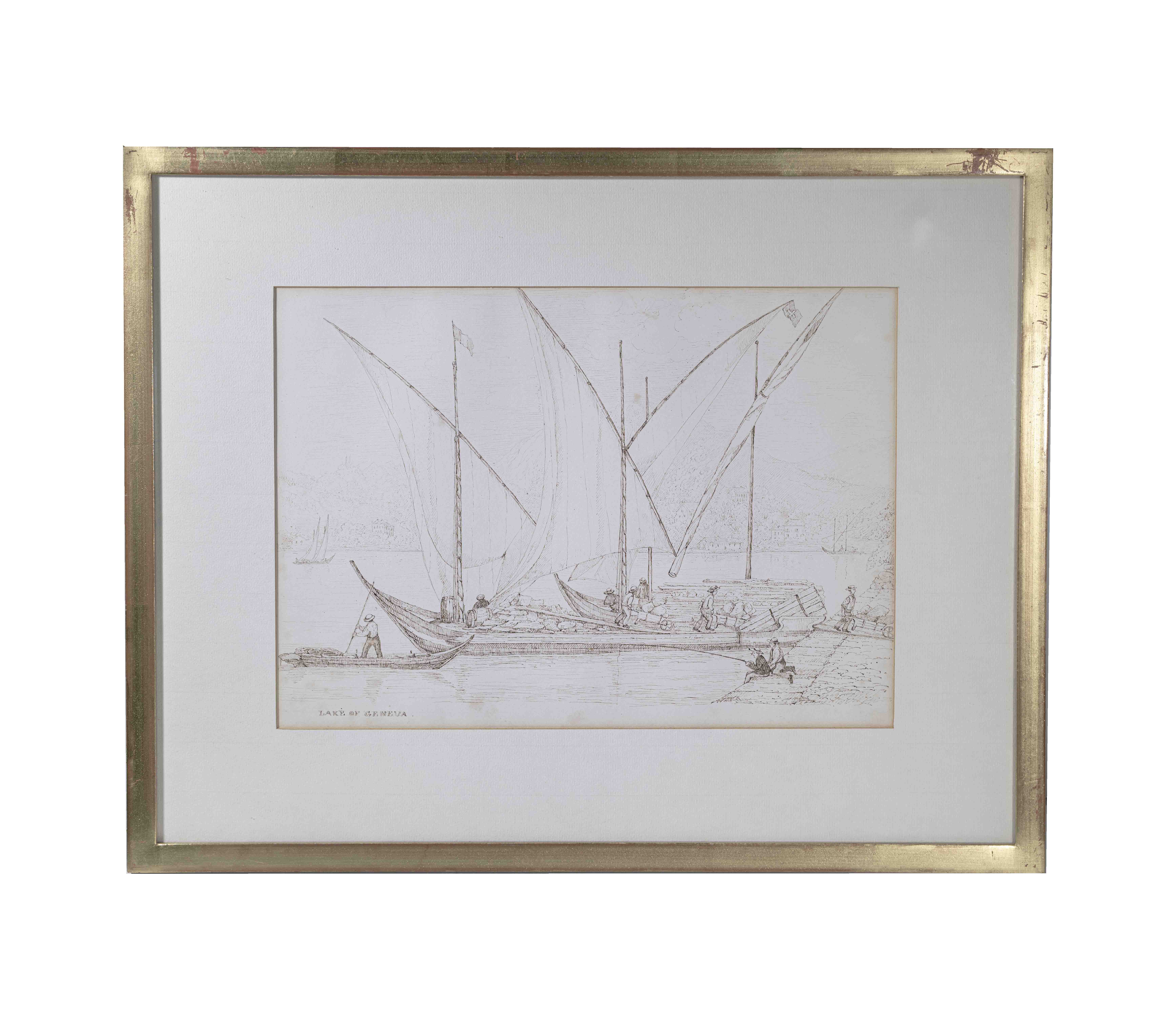 BURN, R. (fec.): - 2 Pen sketches: 1)  From the Quai du Mont-Blanc. Geneva. September. Lakeside with barques 6 differend boats and the shoreline opposide du Quai, topographiquement et minutieusement labor. 2) Lake of Geneva. Une Barque en train de se dchargr d'une cargaison, avec pcheur  la ligne.