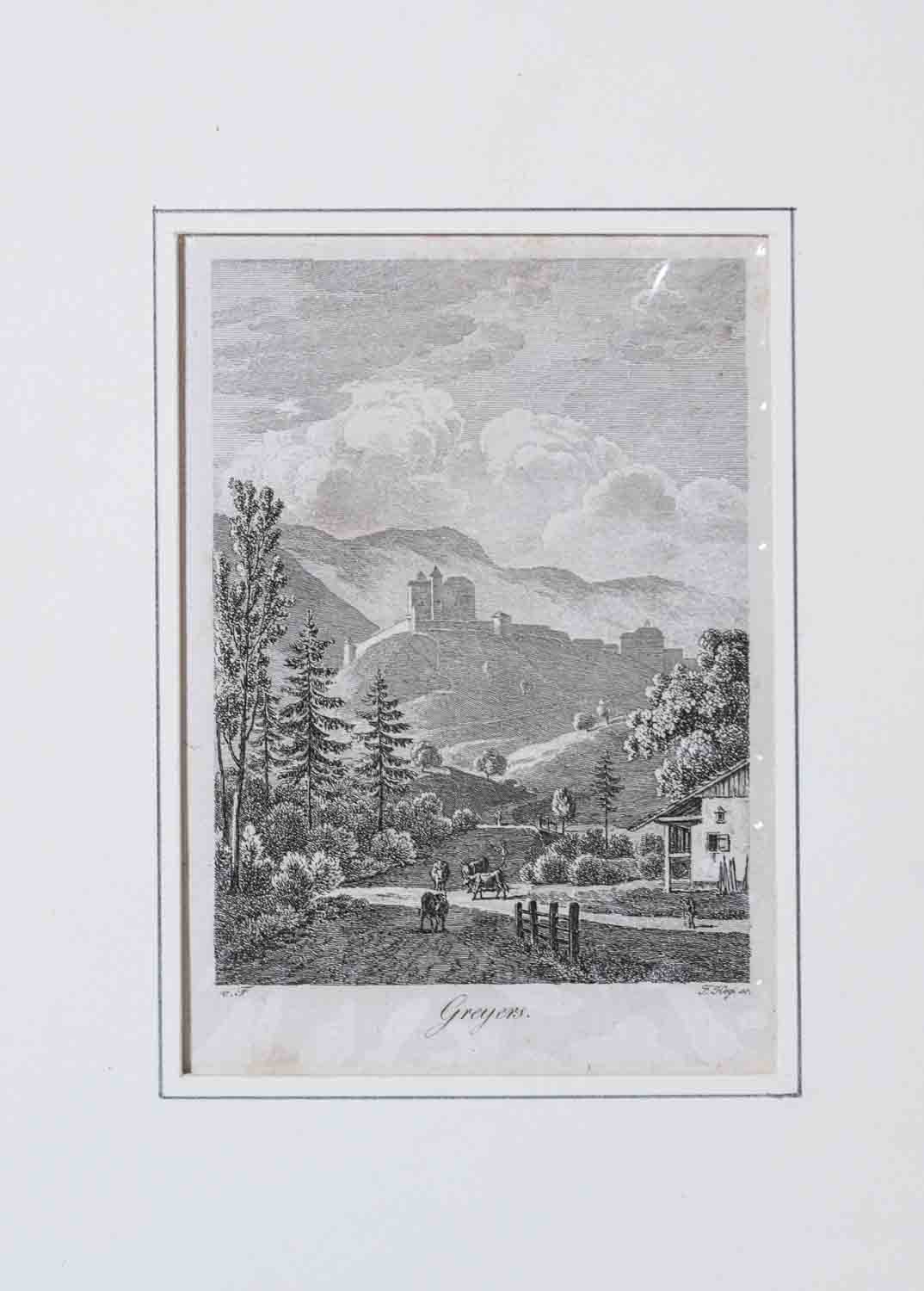HEGI, F. sc. : - Greyers. (Vor den  Bergen des Moleson im Hintergrunde erhebt sich in der Ferne auf einem kahlen Hgel das Schloss...).