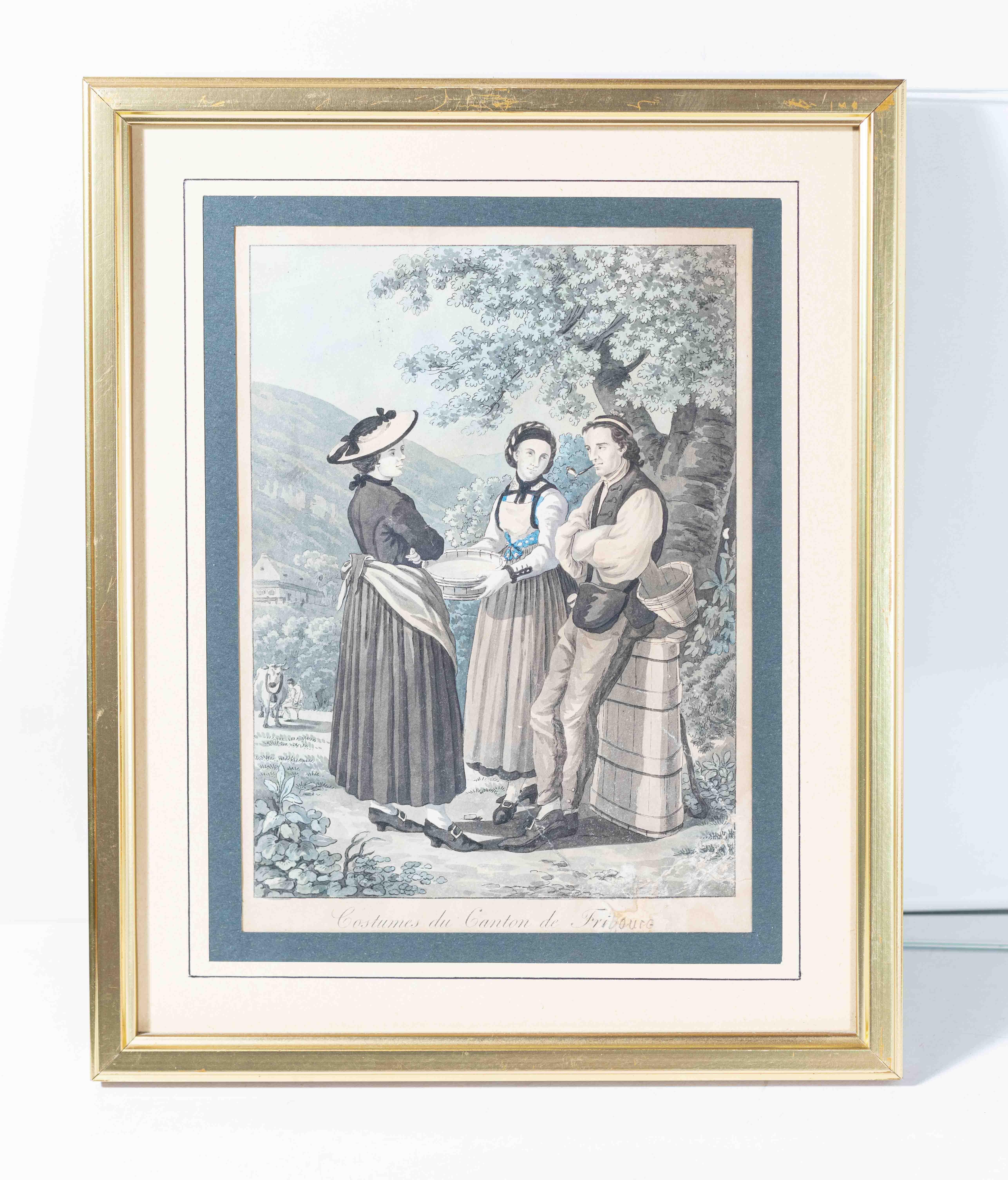 (REINHARDT, nach:) - Costumes du Canton de Fribourg. (Gruyre. - Un armeilli et 2 paysannes en discussion sous un arbre). (D'aprs Josef Reinhardt).