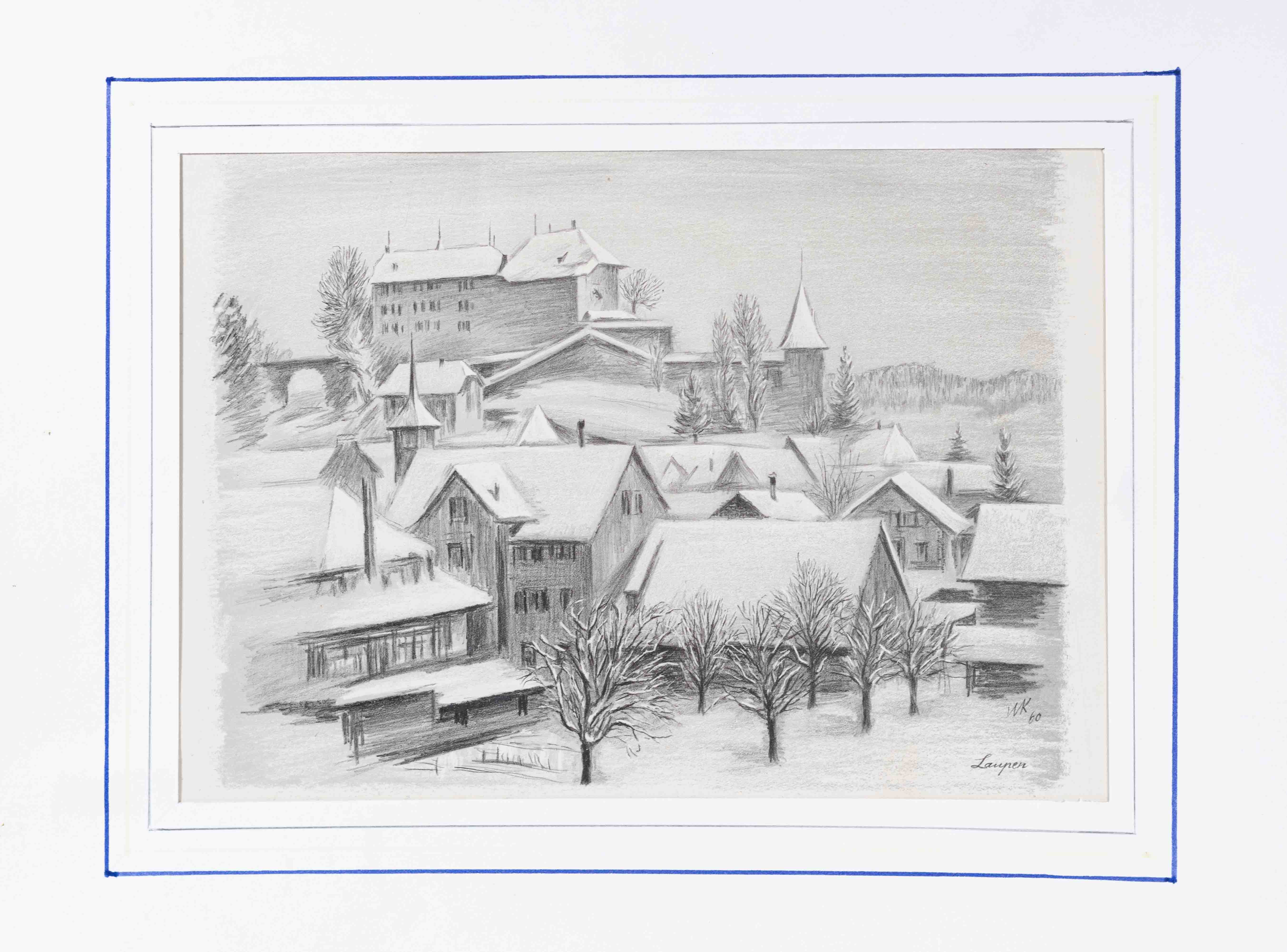  - Ansicht von LAUPEN im Winter, Lithographie signiert WK 60.