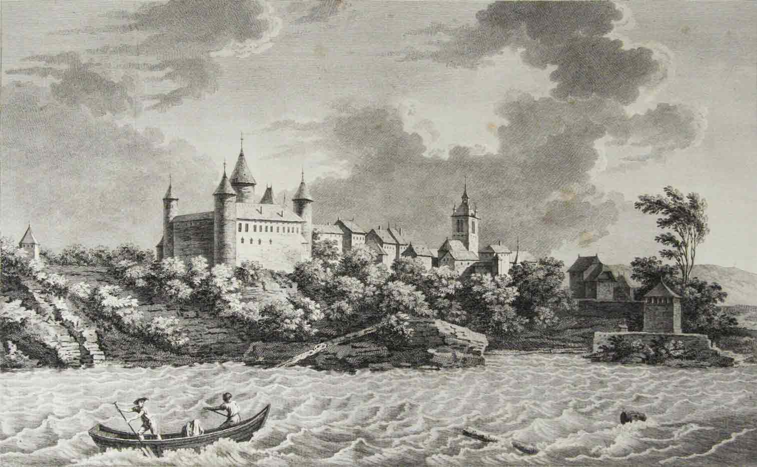 le Barbier Lain, dess. / Dequevauviller, grav par: - (Estavayer). - Vue de la ville d'Estavayer, canton de Fribourg. Prise sur le Lac de Neuchatel.