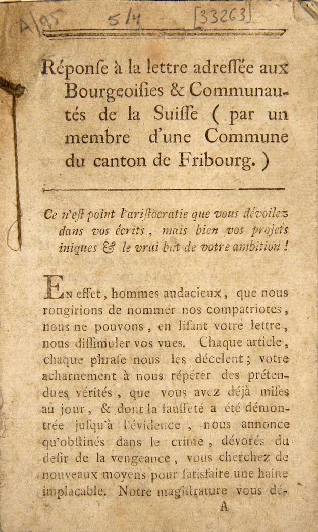 Raccaud / Castella: - Rponse  la lettre adresse aux Bourgeoisies & Communauts de la Suisse, (par un membre d'une commune du canton de Fribourg).
