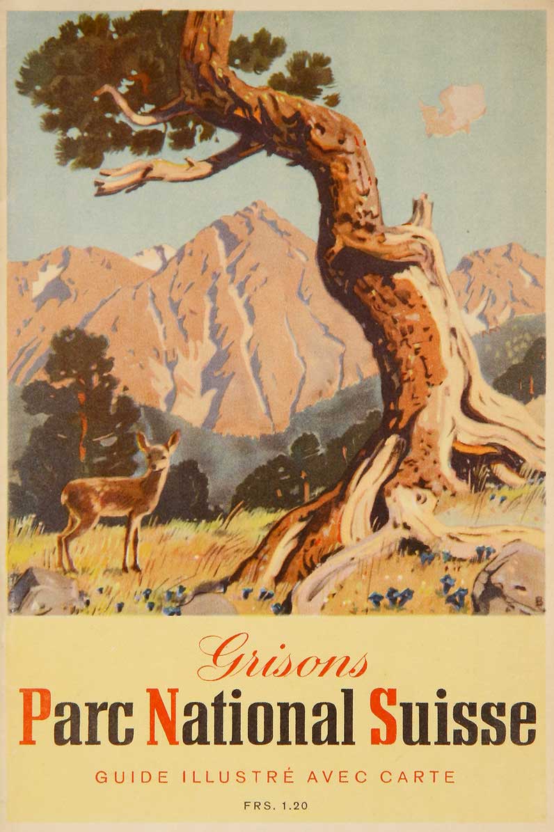 MENZI, W. & FEUERSTEIN, D.: - Petit guide du Parc National Suisse. Guide illustr avec carte. Edit par l'Office du Tourisme des Grisons, Coire. Traduction franaise par P. Vidoudez. Projet et rdaction P. Juon.