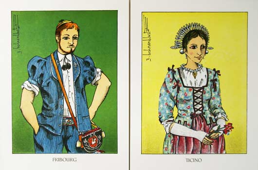 BOHNENBLUST, Roger (1929-1979): - Costumes suisses. Collection de 24 planches lithogr. en couleurs. Schweizertrachten. Sammlung von 24 Lithogr. Farbtafeln.