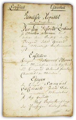  - Murten / Morat. - Handgeschriebene Prozessakte des Distriktsgerichts Murten aus der Zeit der Helvetischen Republik.