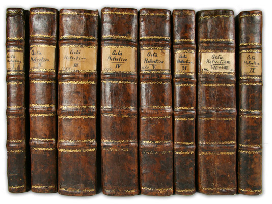  - Acta Helvetica, physico, mathematico, (anatomico), botanico, medica, ... Volumes 1- 9 (volume 9: under the title: Nova Acta Helvetica ...) bound in 8 volumes. All published. Important scientific journal of Switzerland. In contemporary bindings.