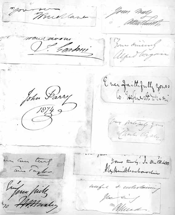  - Signatures Autographes Diverses. Collection d'autogrammes de personnalits importantes autour de 1875, dcoups et colls dans un album.