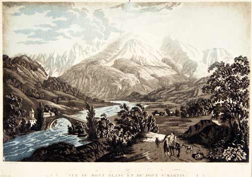 WEBER, (Friedrich 1792-1847) (dessine d'aprs nature et grave par): - Vue du Mont Blanc et du Pont St. Martin. Aquatinte en deux teintes et rehausse  la main de blanc.