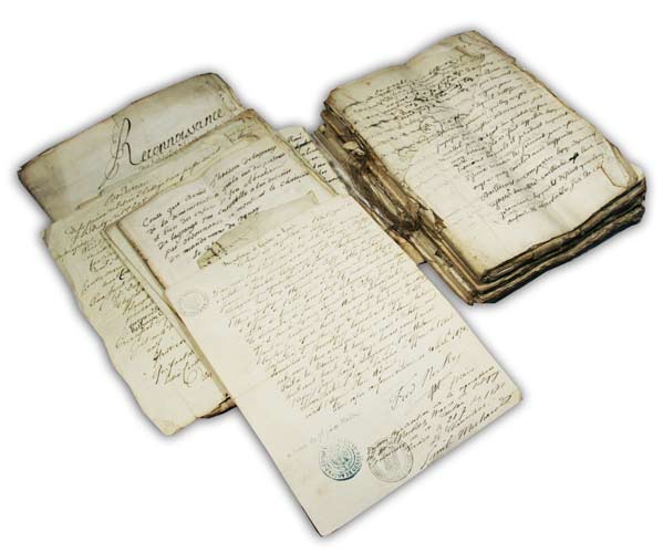  - Satigny. - Lot de documents juridiques manuscrits du XVIIe au XIXe s. des familles Du Trembley, Delagrange et Dufour du mandement de Peney (Satigny) dans la campagne genevoise.