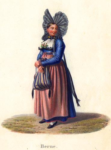 Lory fils / Moritz F.-W.: - Berne. Bernoise coiffe d'un bonnet de dentelles  deux ailes, un sac  la main. Costumes Suisses par G. Lory fils et F.-W. Moritz