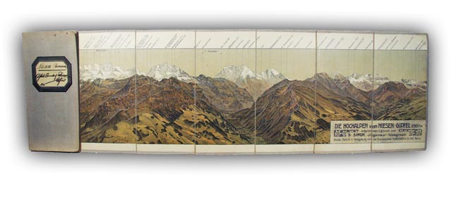 Simon, S.: - Panorama : Der Niesen (2367 m.) und die Berner Hochalpen. Aufgenommen & graviert von S. Simon Ing. Topograph. Druck Hubacher AG Bern. o.J., farbig.