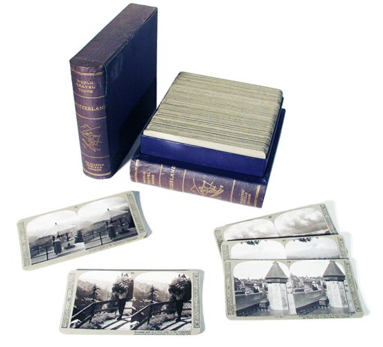  - Stereocards. - Switzerland. As seen through the stereoscope photographs. World travel tours. Set of 100 photographic cards.