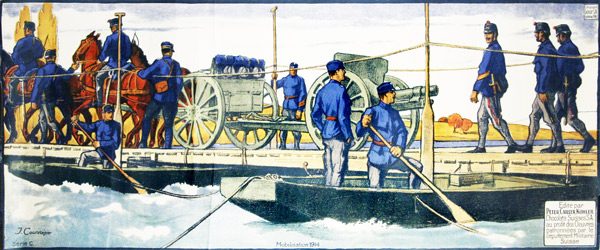 COURVOISIER, Jules: - Mobilisation 1914. Serie C: Pontoniere und Behelfsbrcke passierende Artillerieeinheit.