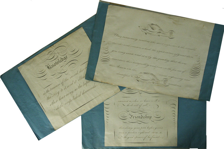  - Calligraphy. - 6 decorative sheets with moral sayings in calligraphic handwriting, mounted on 3 leaves.