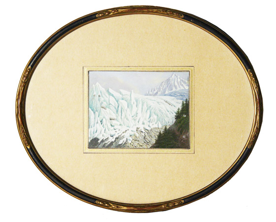 DUBOIS, Jean (1789-1849) - Vue du Glacier des Bossons (Chamonix) et de les Eguilles (avec un groupe d'alpinistes sur le glacier).