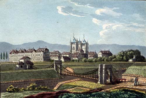 BURCKHARDT, Caspar sc. d'aprs SCHMID, David Alos (1791-1861) (attribu ): - Vue des deux Ponts suspendus en fil de fer  Genve.