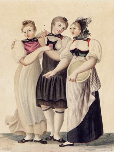 WISARD (WYSARD), Gottlieb Emanuel (1787-1837): - 'Les trois graces'. Femmes bernoises en costumes traditionels (e.a. Gouggisberg). Aquarelle originale de la srie 'Types et costumes fminins de la Suisse'.