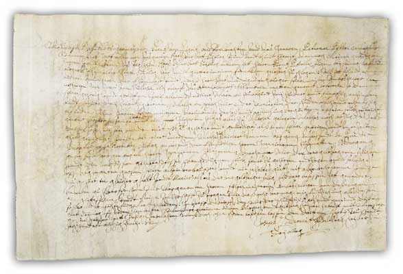  - Freiburg. - Handschrift auf Pergament, 1682. Collocationsbrief. Geltstag gegen den seligen Franz Petallaz, Brger von Freiburg, zugunsten von Beat Ludwig Lentzburger, Spitalmeister von Freiburg. Dem Spital wird eine Wiese, genannt Corbaroche, zugesprochen, datiert 3.3.1682, signiert Joseph VonderWeid, Geltstagsschreiber.